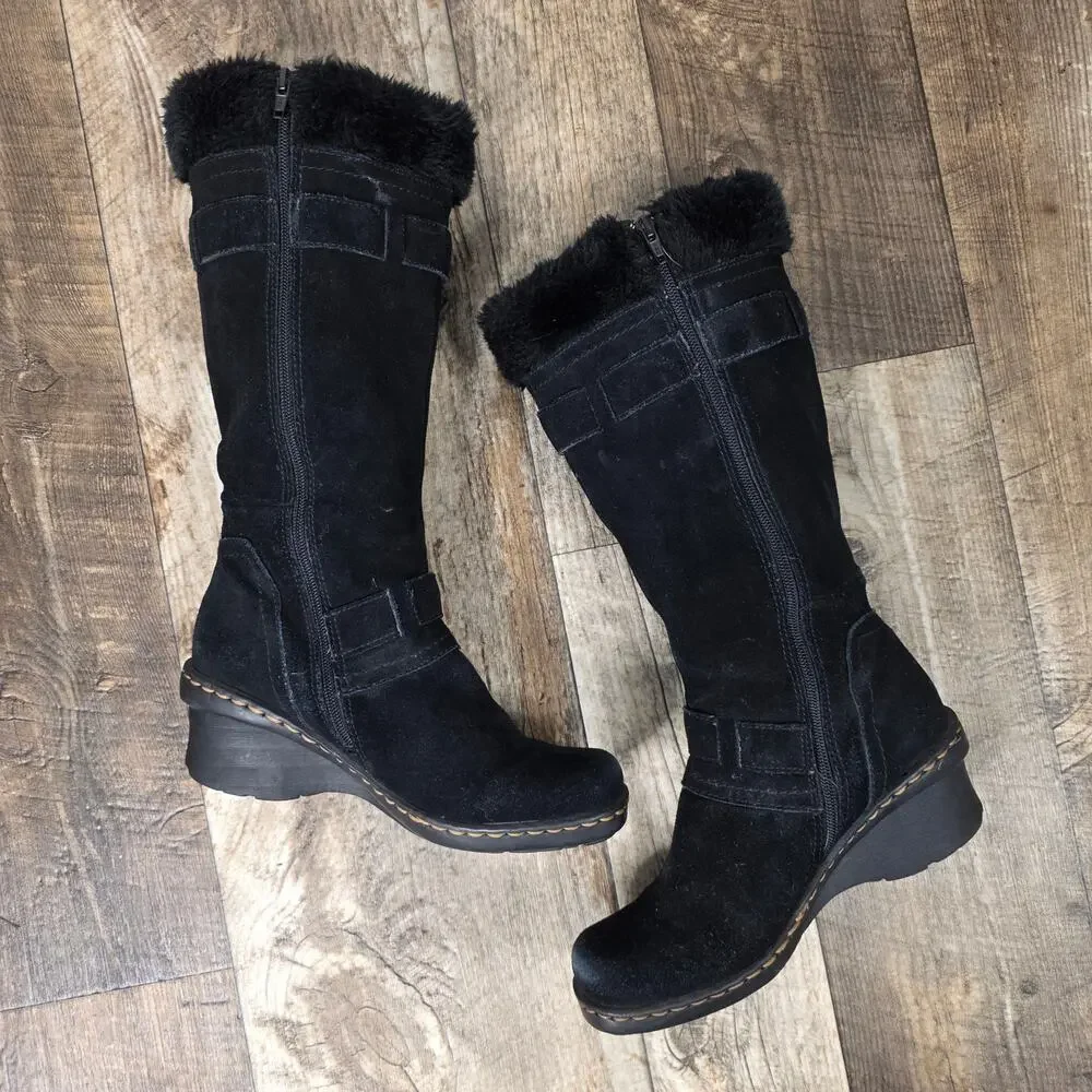 BareTraps Wedge Faux Fur Tall Boots Size 9M Cauchy Black Suede Buckles